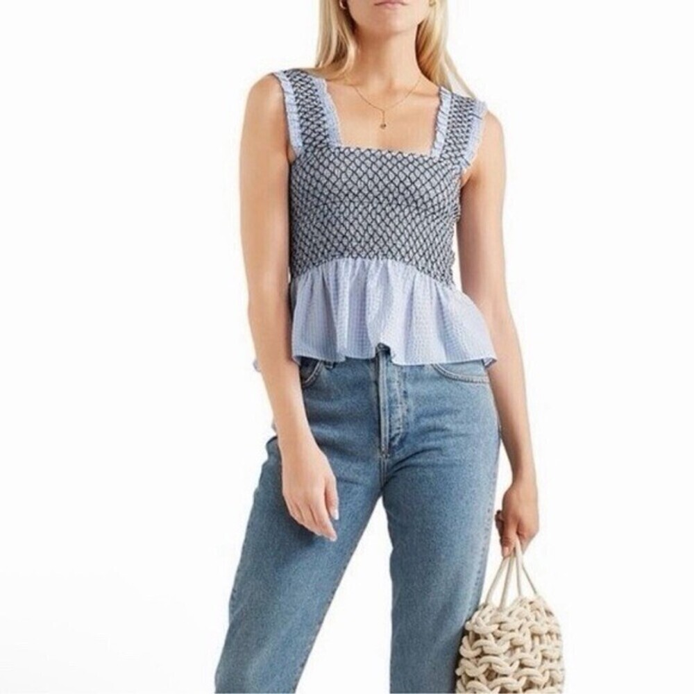 GANNI Shirred Gingham Cotton-blend Seersucker Top (107)
